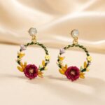 Floral Enamel Hoop Drop Earrings with Crystal Stud
