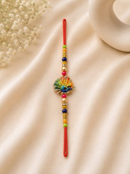 Colorful Peacock Designer Rakhi with American Diamond & Pearl Work (KR5) - Pack of 6