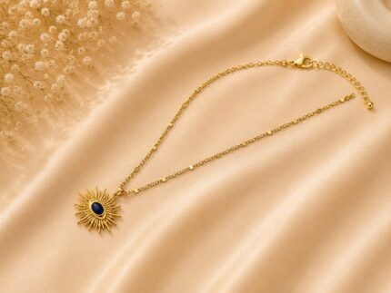 Gold Sunburst Blue Stone Pendant Necklace (NE11) – Pack of 6