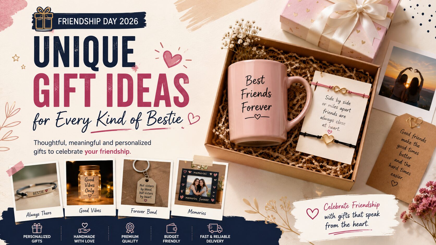 Best Friendship Day gifts and unique gift ideas for best friends, featuring personalized keepsakes, friendship bracelets, mugs and thoughtful presents.
