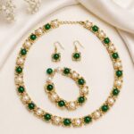 Emerald Green Pearl Gold-Tone Necklace Set with Matching Bracelet & Earrings | Elegant Party Wear Jewellery Set