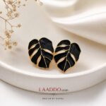 Black Monstera Leaf Stud Earrings for Women | Korean Style Gold & Black Earrings | LAADDO