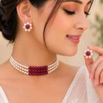 Traditional Pearl & Ruby Beaded Choker Set with Floral Earrings | Elegant Ethnic Jewellery for Women | LAADDO