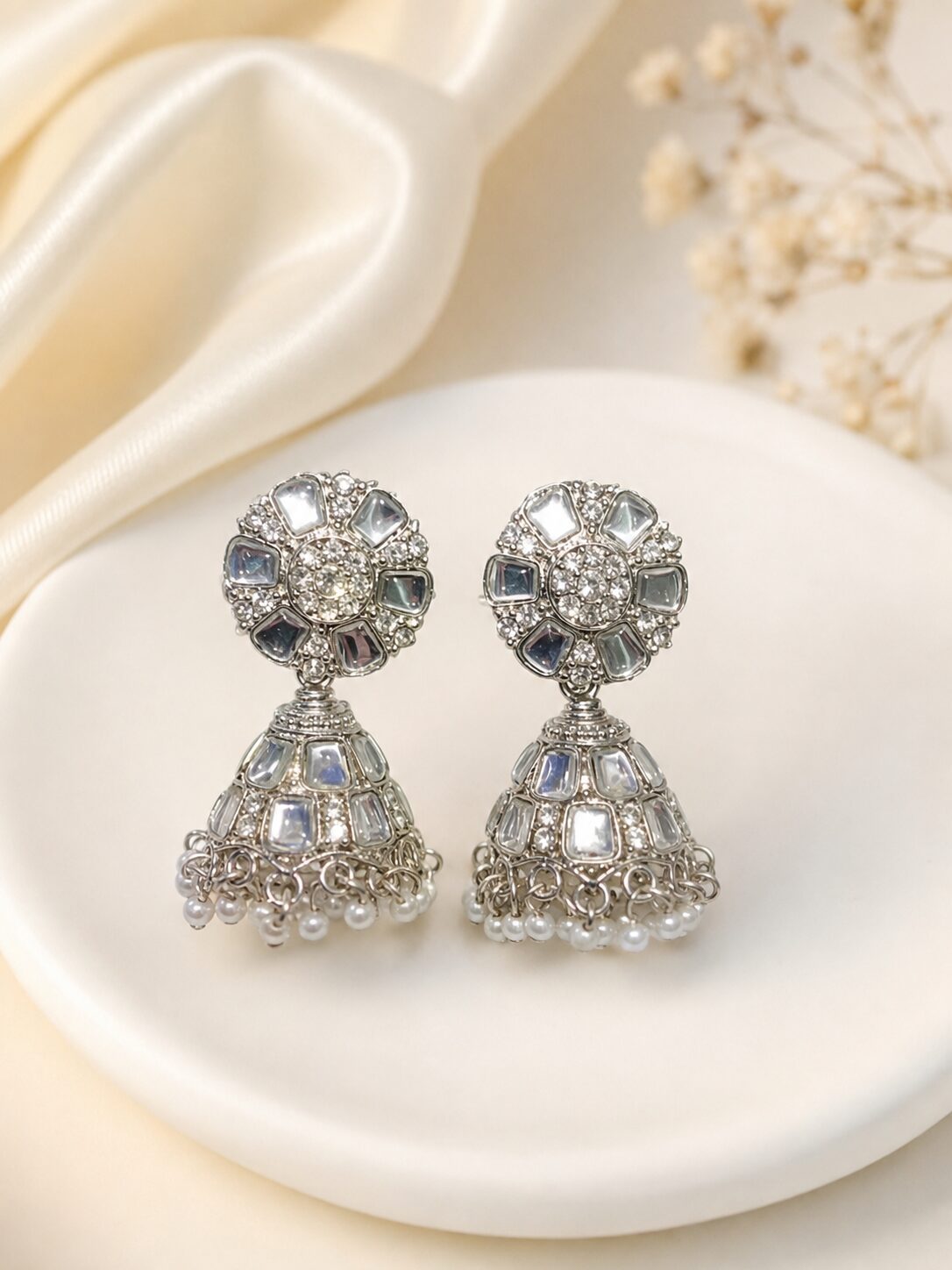 2026/08/1000037807.jpg Elegant Silver Crystal Jhumka Earrings – Premium Traditional Collection - Image 1