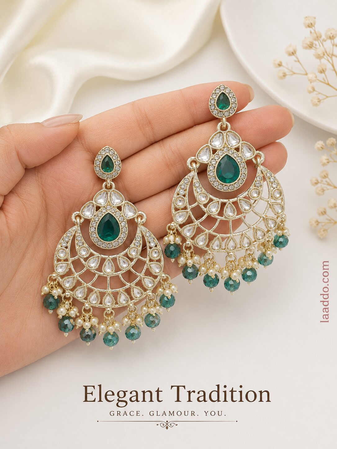 2026/08/1000366542.jpg Peacock Green Stone Gold-Plated Chandbali Chandelier Earrings - Image 1