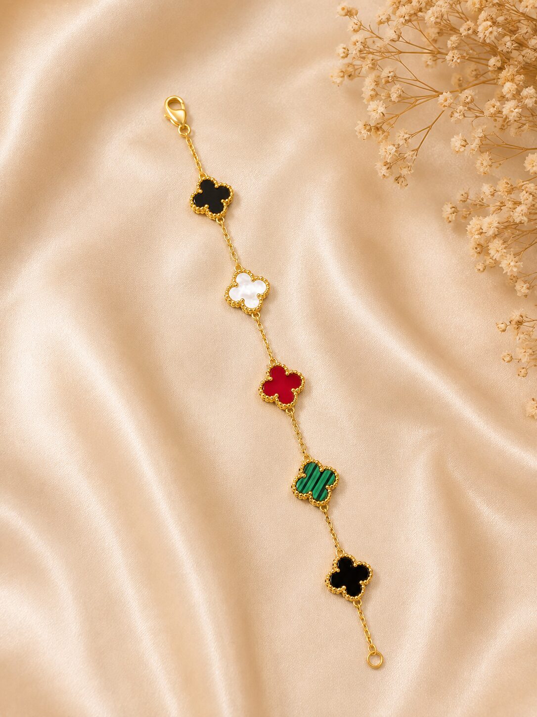 2026/08/1000731622.jpg Luxury Gold-Tone Multicolor Clover Charm Bracelet - Image 1