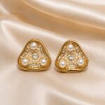 Gold Pearl Triangle Stud Earrings