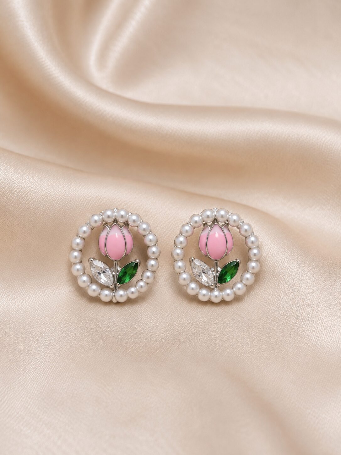 2026/08/1001771668.jpg Pink Tulip Pearl Stud Earrings - Image 1