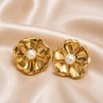 Gold Flower Pearl Stud Earrings