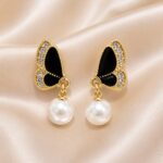 Black Butterfly Pearl Drop Earrings