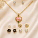 Elegant Pink Heart Pendant Necklace & Multi Stud Earrings