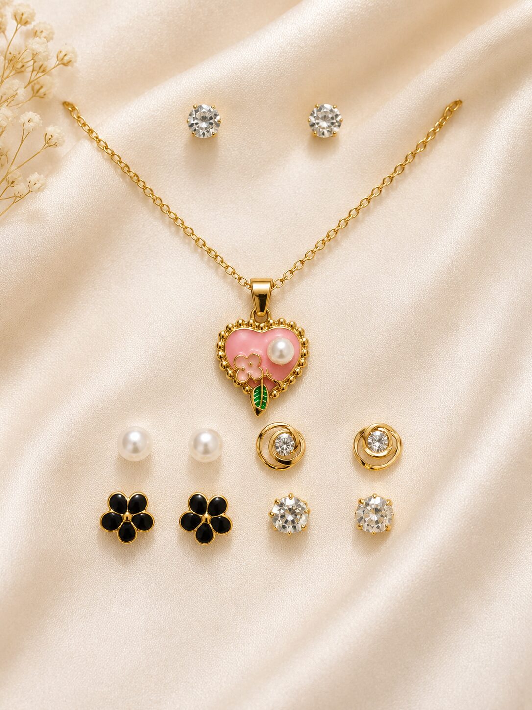 2026/08/1001771707.jpg Elegant Pink Heart Pendant Necklace & Multi Stud Earrings - Image 1
