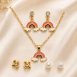 Cute Rainbow Pendant Necklace & Earrings Set with Pearl & Flower Studs