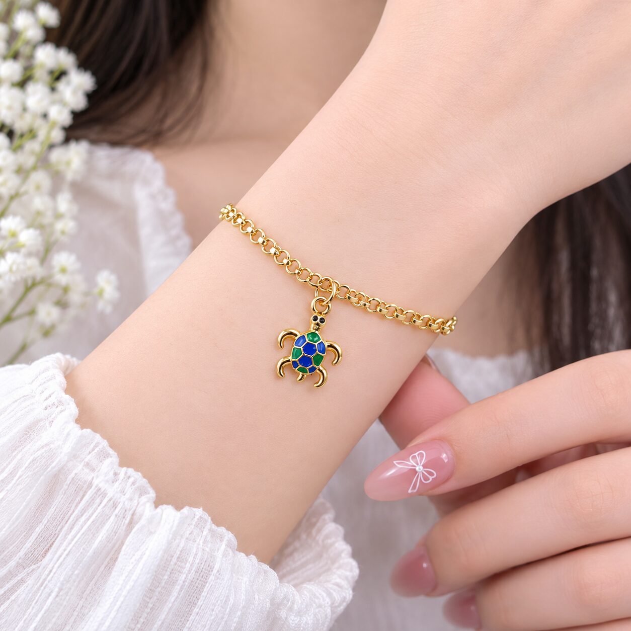 2026/08/1001771926.jpg Elegant Gold Turtle Charm Bracelet - Image 1