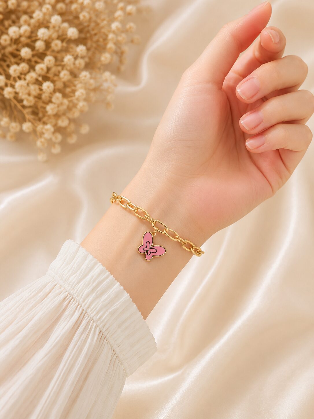 2026/08/1001771931.jpg Elegant pink Butterfly Charm Gold Bracelet - Image 1