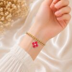 Elegant Pink Flower Charm Gold Bracelet