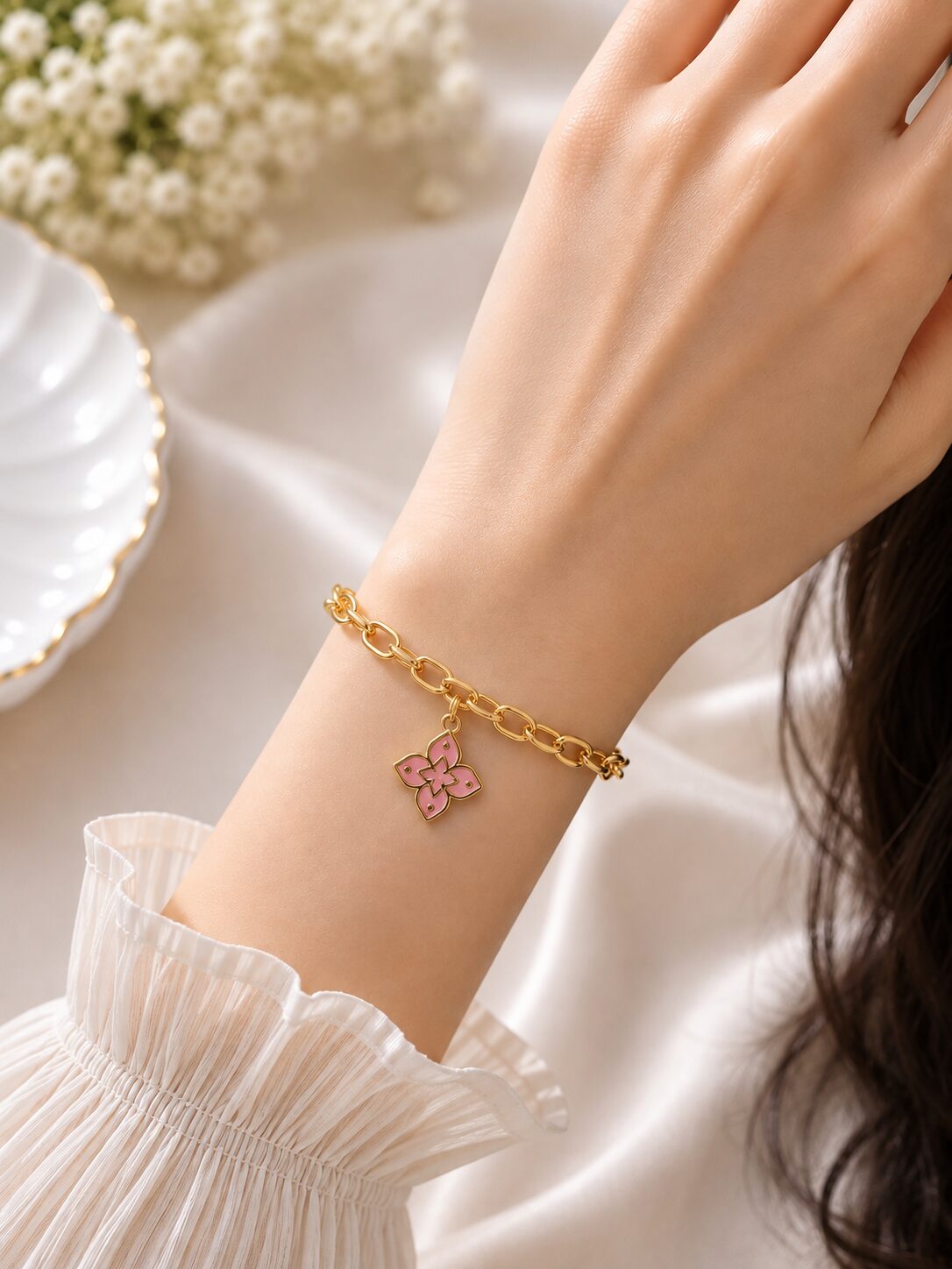 2026/08/1001772156.jpg pink Flower Charm Bracelet - Image 1