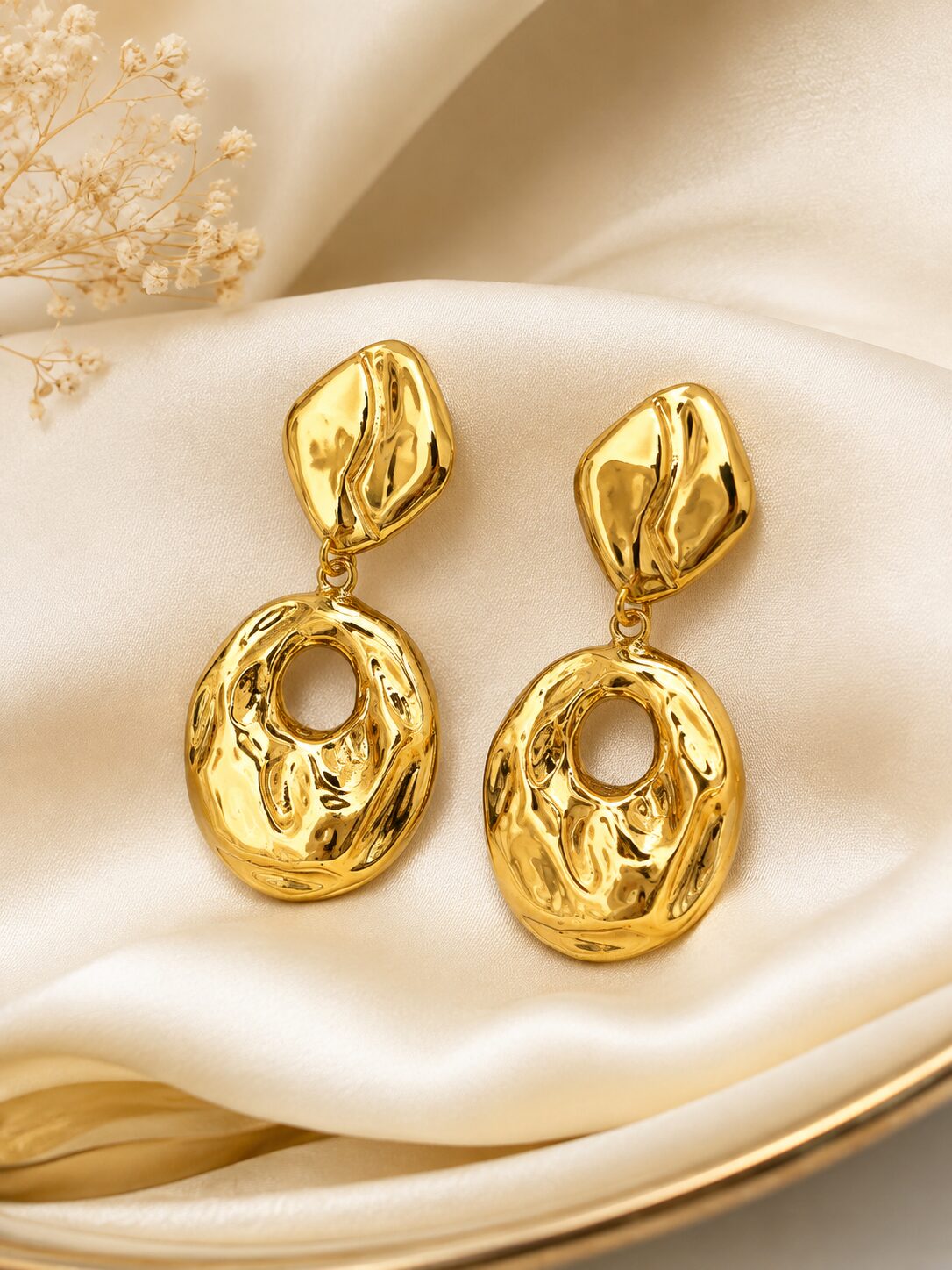 2026/08/1001772377.jpg Premium Gold-Tone Hammered Oval Drop Earrings - Image 1