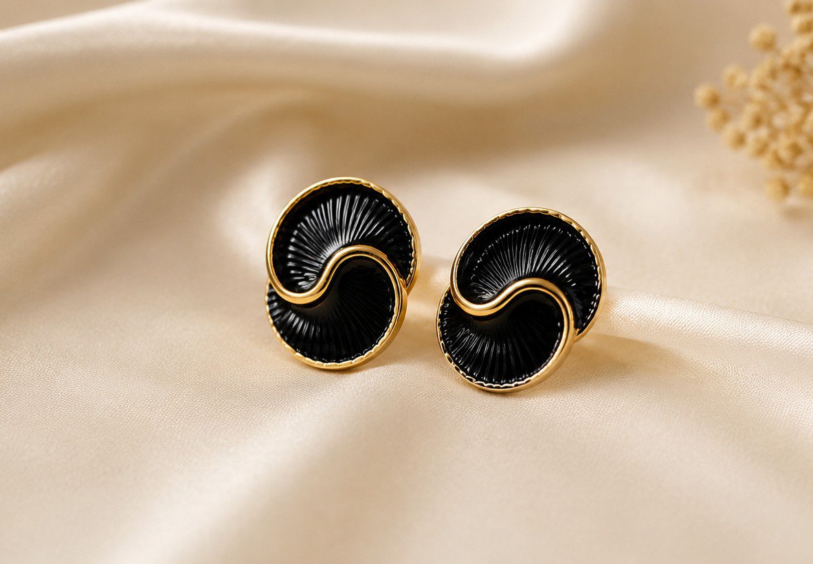2026/08/1001772385.jpg Black & Gold Swirl Enamel Stud Earrings - Image 1