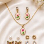Elegant Pink Tulip Pendant & Earrings Jewellery Set