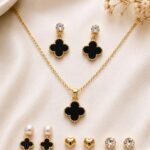 Elegant Black Quatrefoil Pendant & Earrings Jewellery Set