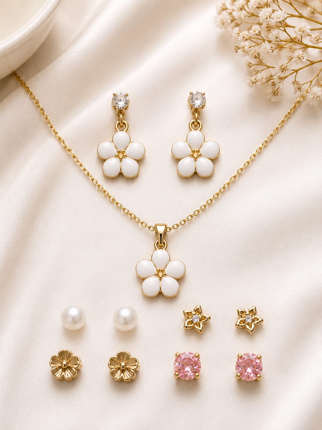 2026/08/1001772827.jpg Elegant White Flower Pendant & Earrings Jewellery Set - Image 1