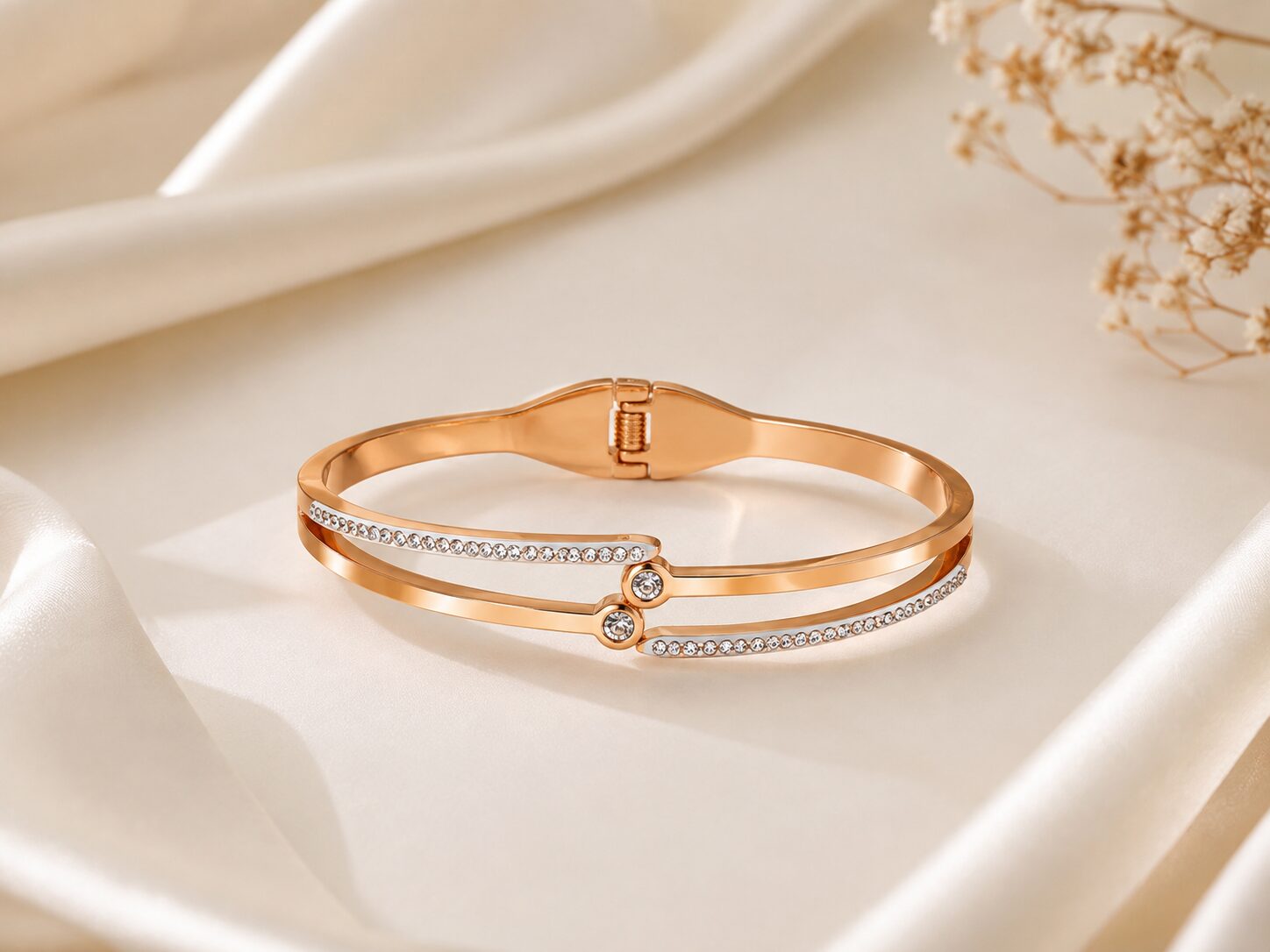 2026/08/1001772829.jpg Elegant Rose Gold Crystal Double-Line Bangle Bracelet - Image 1