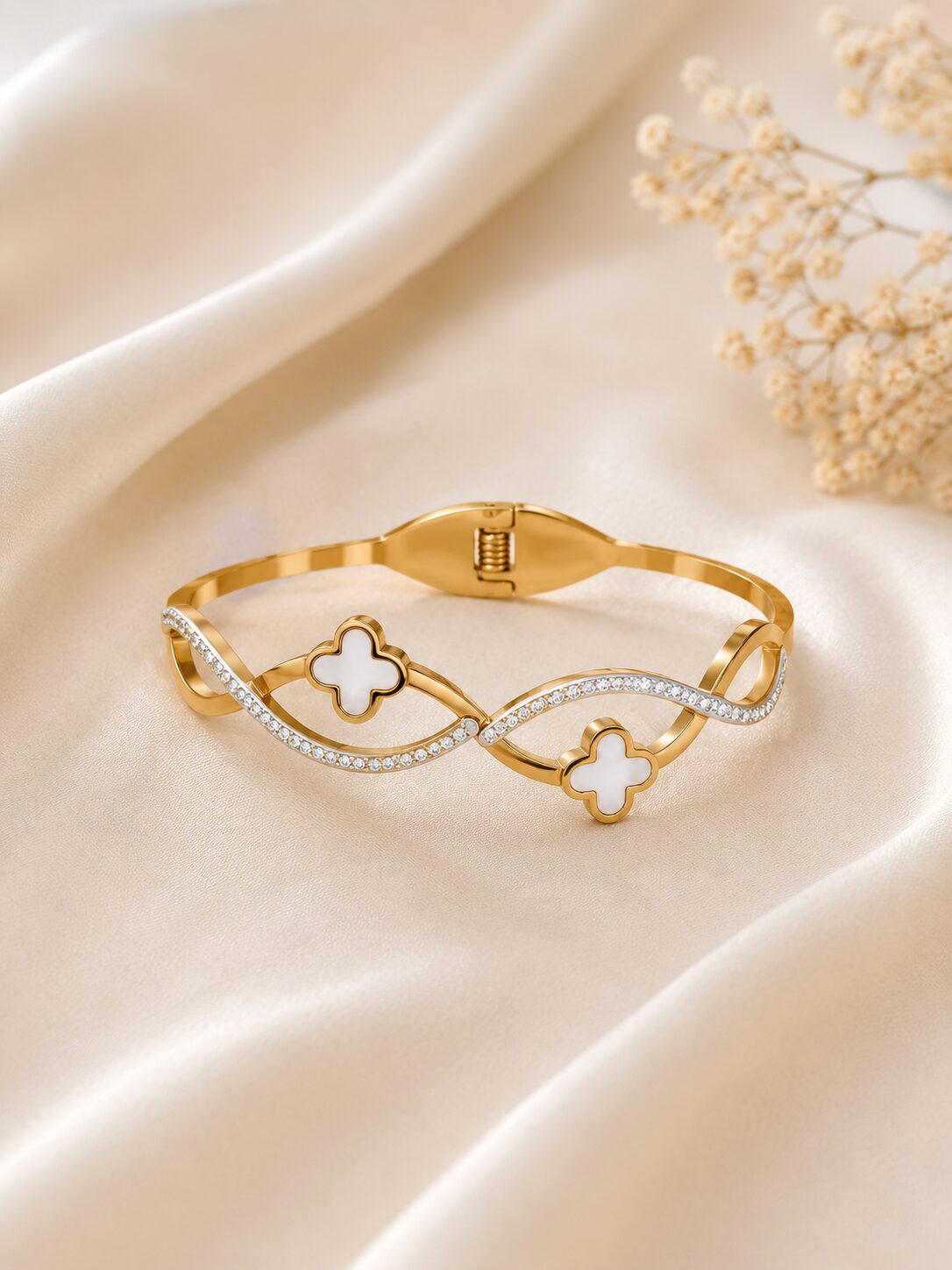 2026/08/1001772853.jpg Elegant Gold Clover Crystal Cuff Bracelet - Image 1