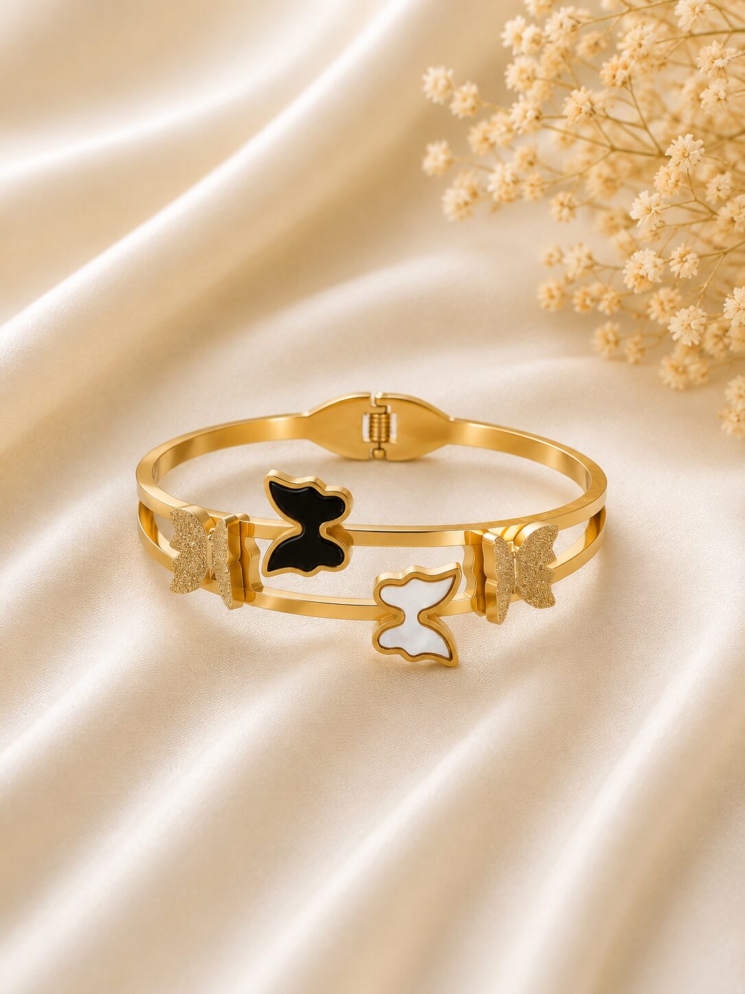 2026/08/1001772917.jpg Elegant Gold Black & White Butterfly Designer Bangle - Image 1