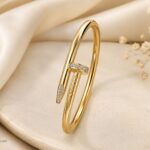 Premium Nail-Style Gold Cuff Bracelet with CZ Stone Detailing