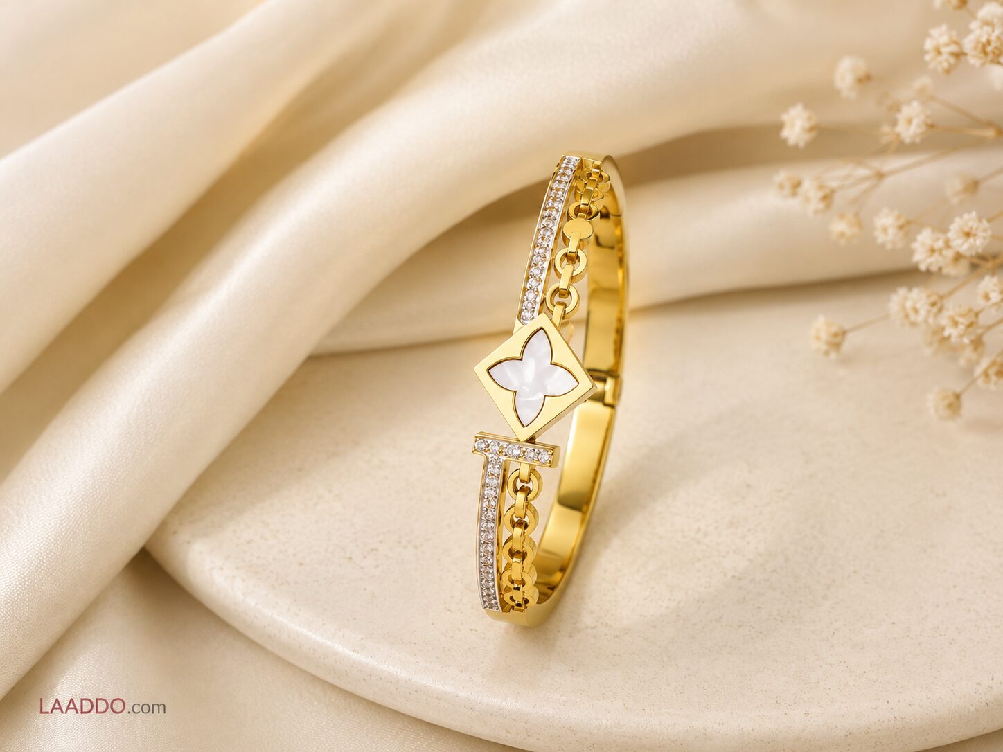2026/08/1001772964.jpg Premium Gold Clover Charm Bracelet with CZ Stone Detailing - Image 1