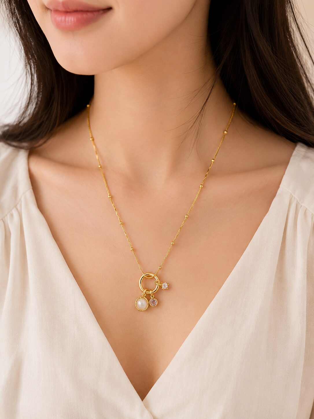 2026/08/1001773002.jpg Gold Beaded Charm Necklace - Image 1