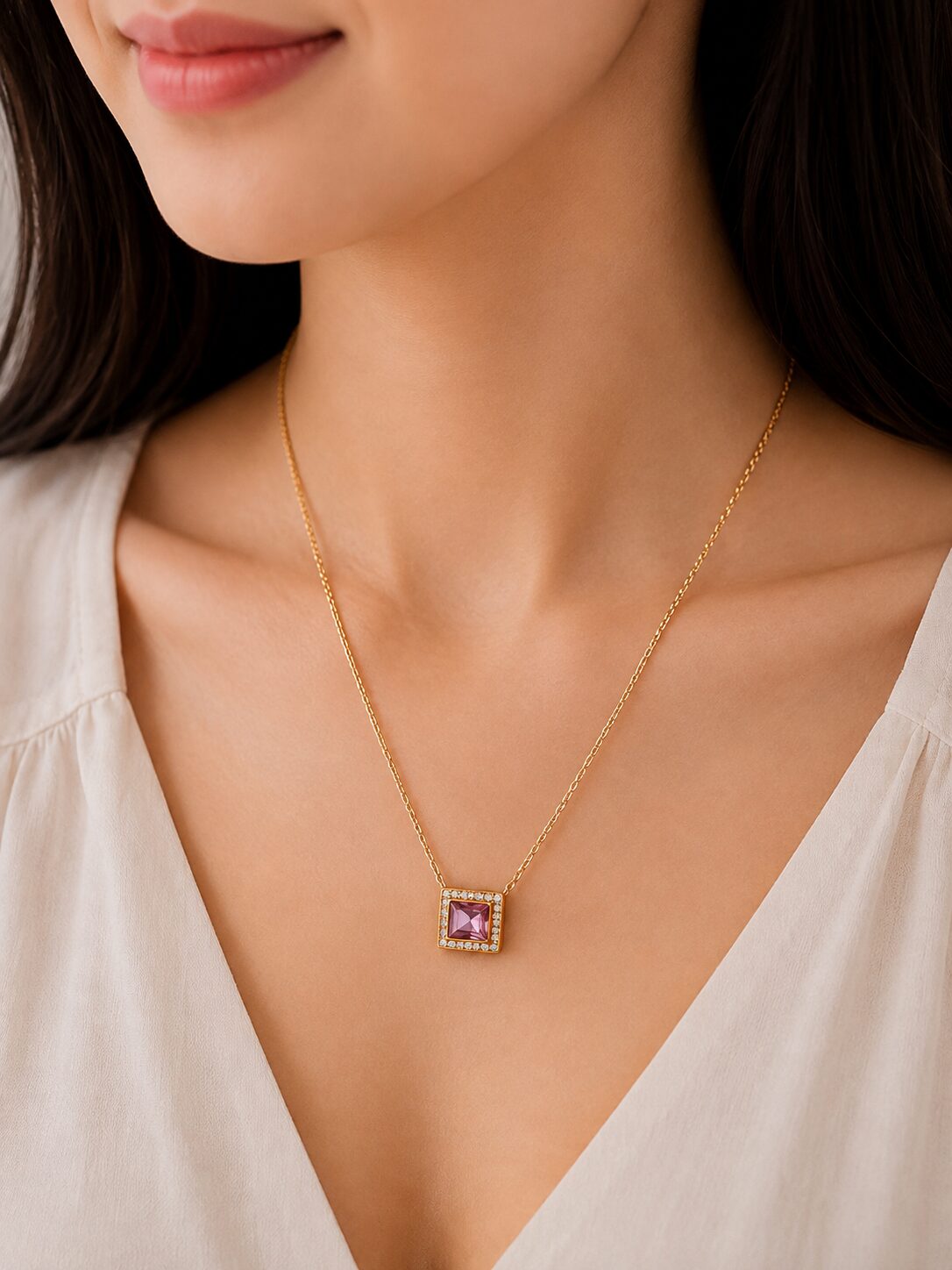 2026/08/1001773019.jpg Pink Square Crystal Pendant Necklace - Image 1