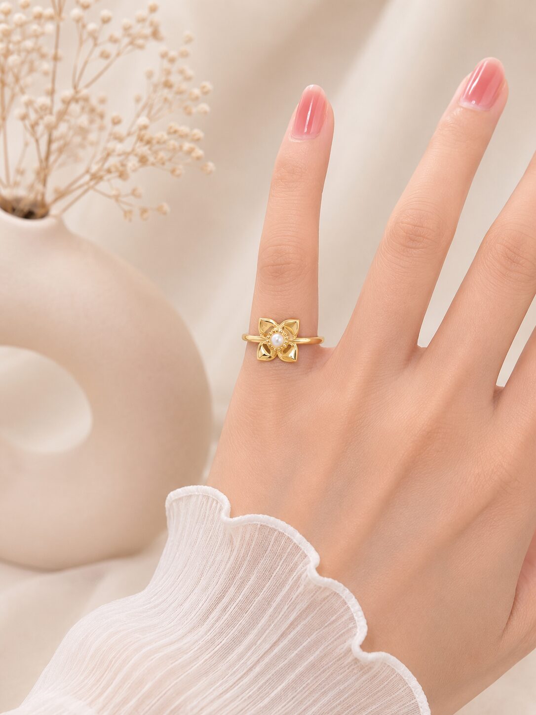 2026/08/1001775101.jpg Floral Pearl Gold Ring - Image 1