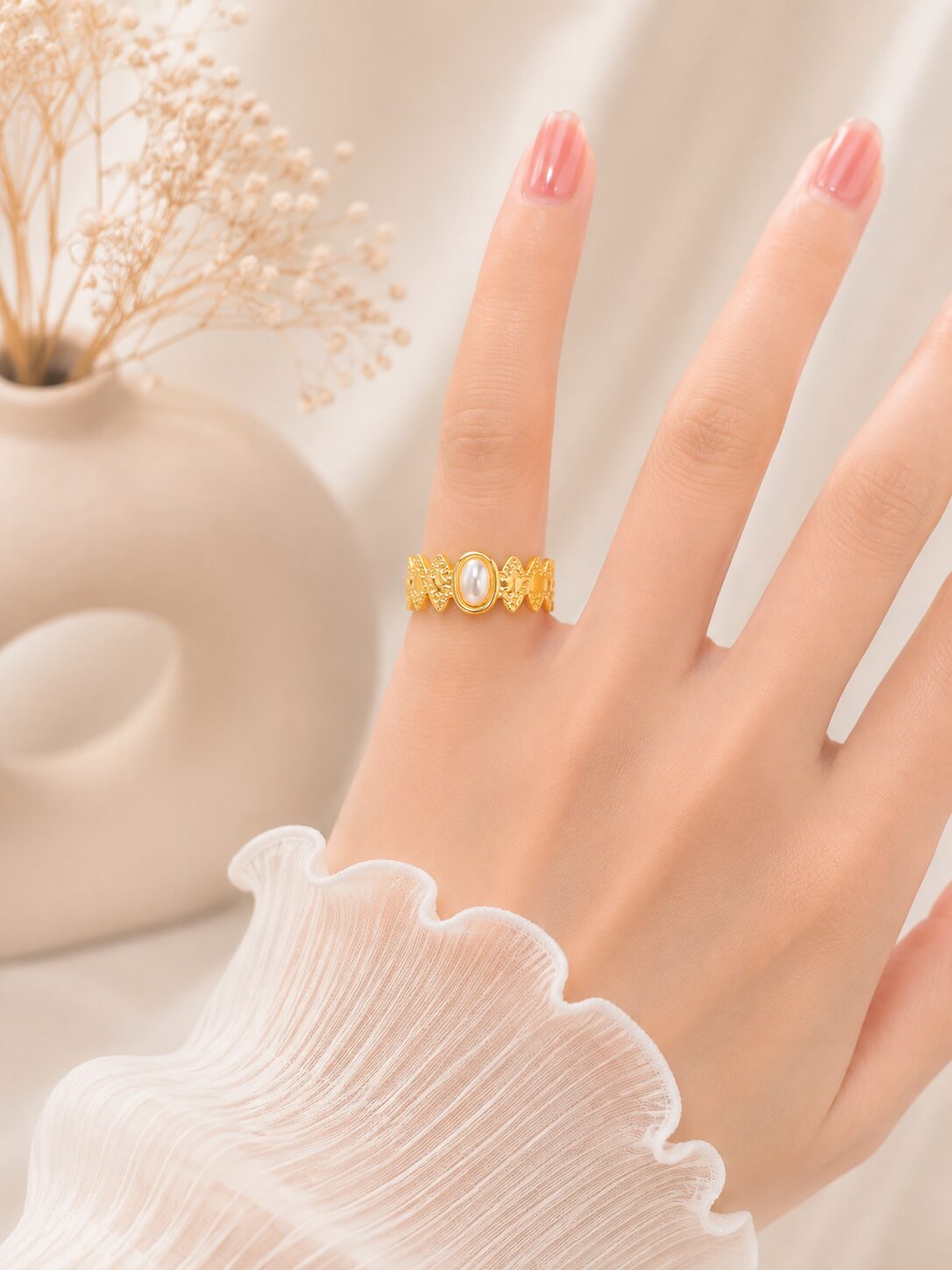 2026/08/1001775105.jpg Elegant Pearl Floral Gold Ring - Image 1