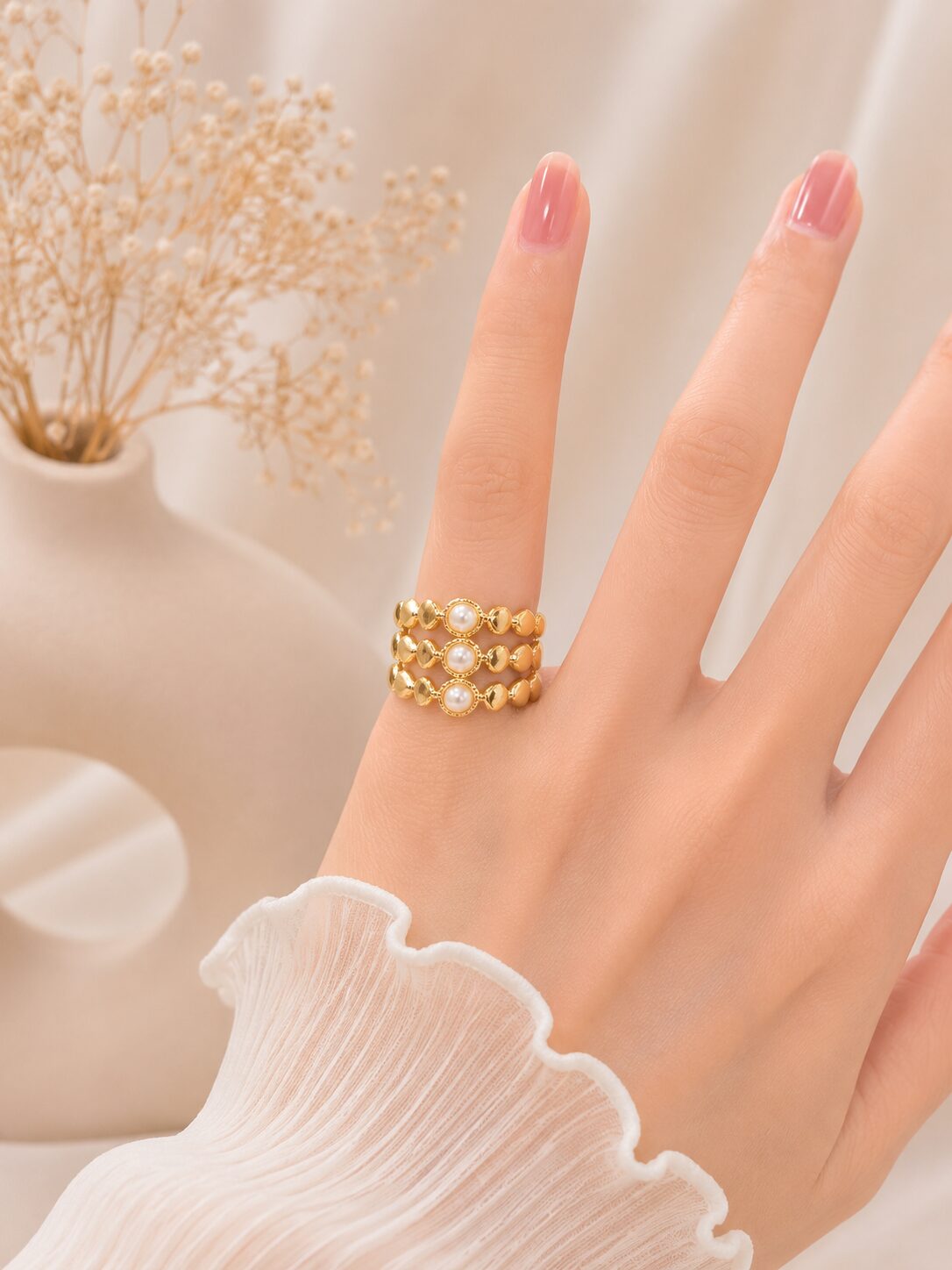 2026/08/1001775107.jpg Triple Pearl Layered Gold Ring - Image 1
