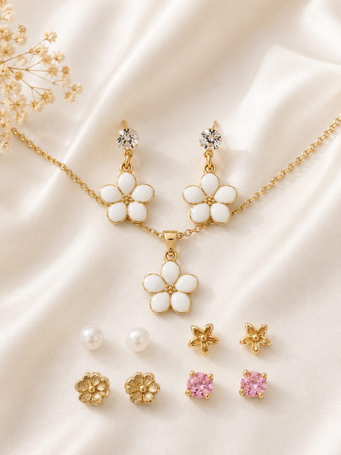 2026/08/1001775515.jpg White Flower Necklace & Multi-Stud Earring Set - Image 1