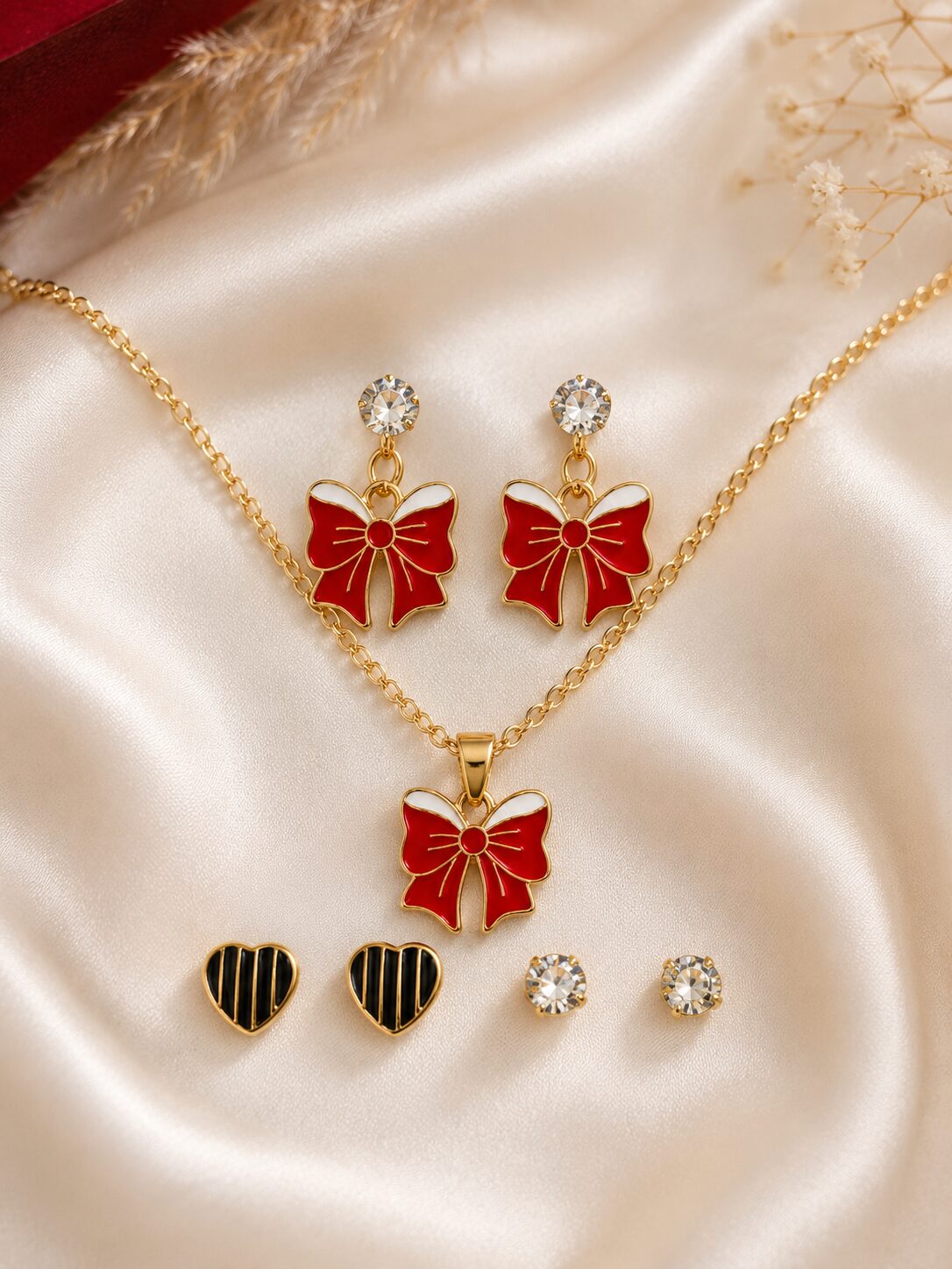 2026/08/1001775556.jpg Elegant Red Bow Jewellery Set - Image 1
