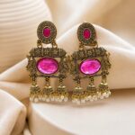 Royal Magenta Stone Antique Jhumka Earrings
