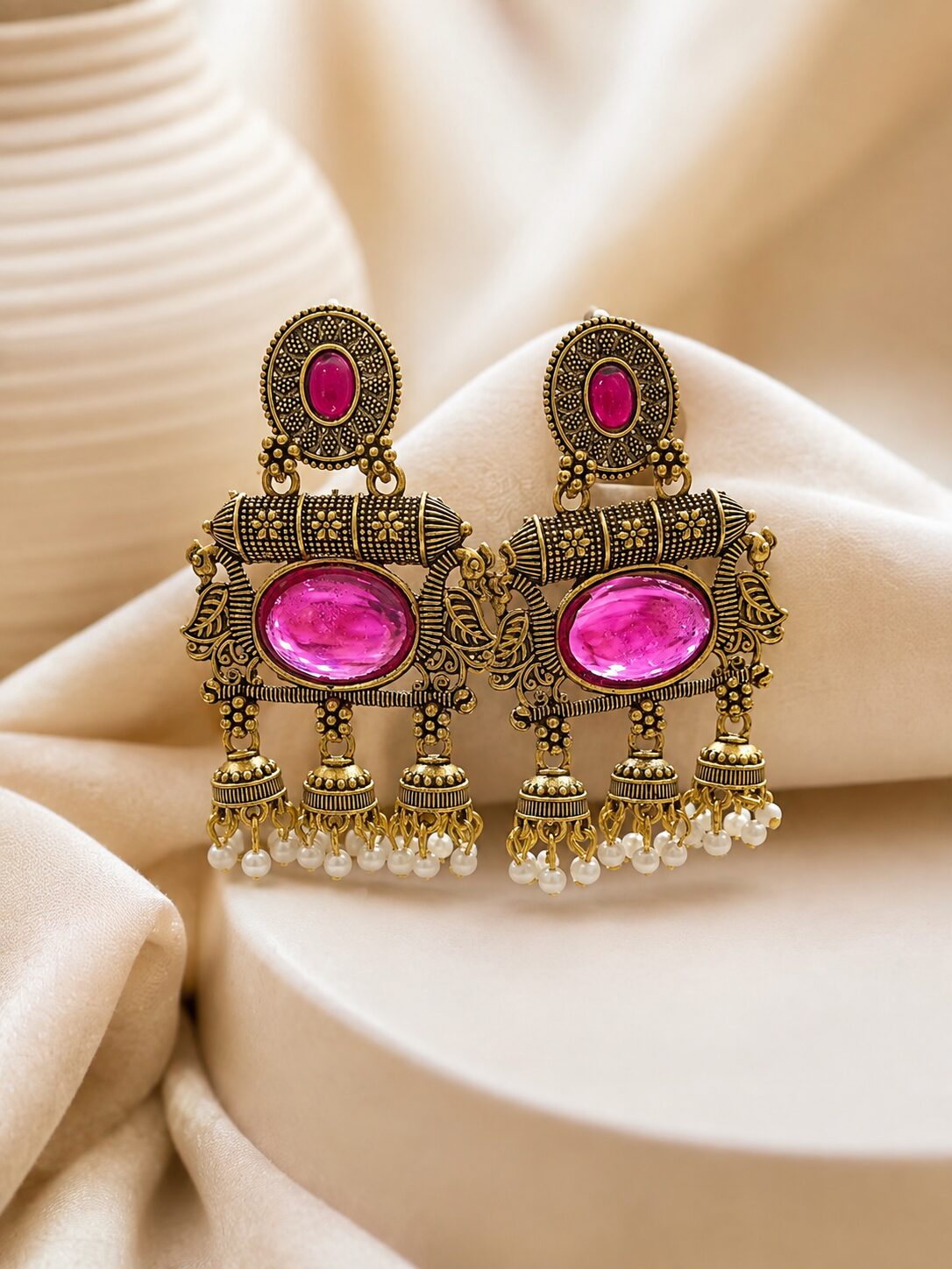 2026/08/1001776032.jpg Royal Magenta Stone Antique Jhumka Earrings - Image 1
