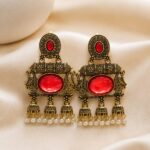 Royal Red Stone Antique Jhumka Earrings