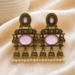 Elegant Pink Stone Antique Jhumka Earrings