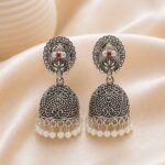 Antique Silver Jhumka Earrings with Red Stone & Pearl Drops