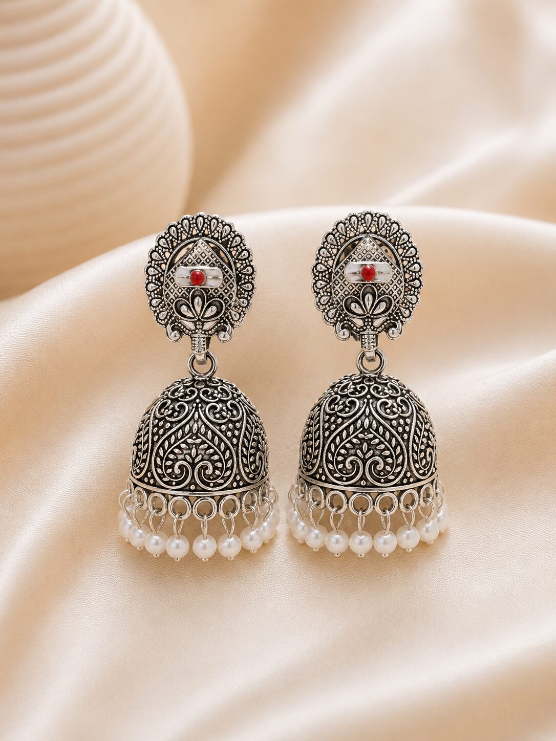 2026/08/1001776039.jpg Antique Silver Jhumka Earrings with Red Stone & Pearl Drops - Image 1