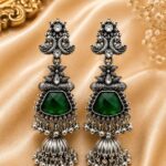 Emerald Green Oxidized Silver Designer Jhumka Earrings