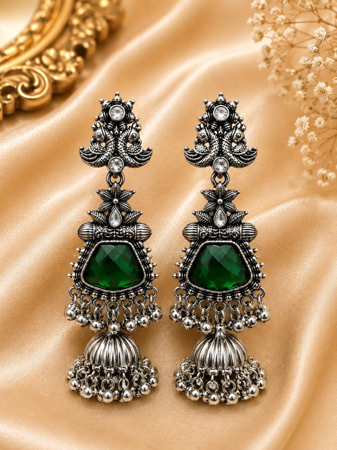 2026/08/1001776073.jpg Emerald Green Oxidized Silver Designer Jhumka Earrings - Image 1