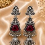 Royal Red Stone Oxidized Silver Jhumka Earrings