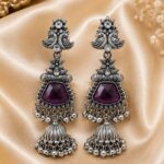 Amethyst Purple Oxidized Silver Designer Jhumka Earrings