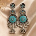 Turquoise Oxidized Silver Floral Jhumka Earrings
