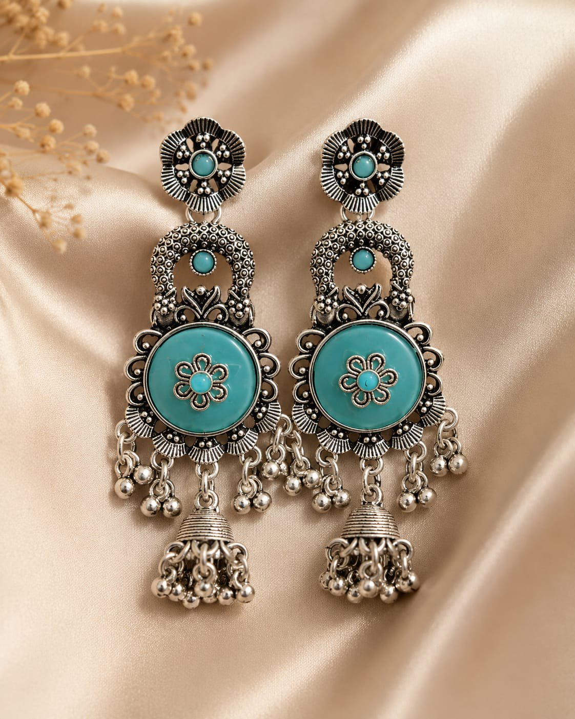 2026/08/1001776088.jpg Turquoise Oxidized Silver Floral Jhumka Earrings - Image 1